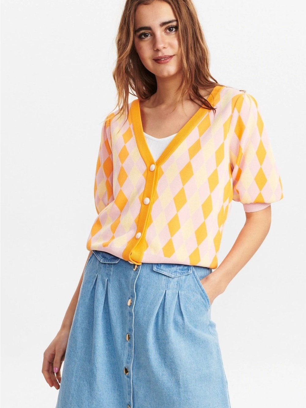 Yellow & Pink Argyle V-Neck Short Sleeve Cardigan